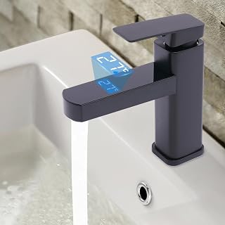 Wasserhahn Bad mit LED Digitale Anzeige, Waschbecken Armaturen mit 2 Schläuche, Waschtischarmatur heiß und kalt für Badezimmer, Küchen, G1/2" Schnittstelle, Schwarz