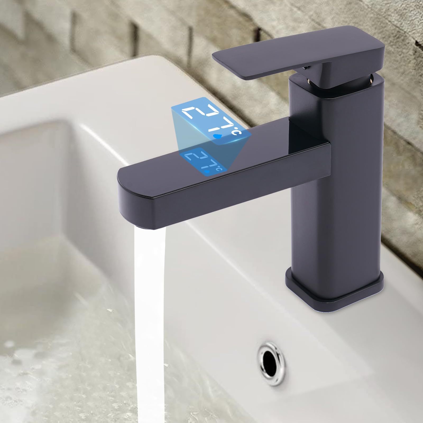 Robinet lavabo LED noir avec tuyaux G1/2 chaud et froid
