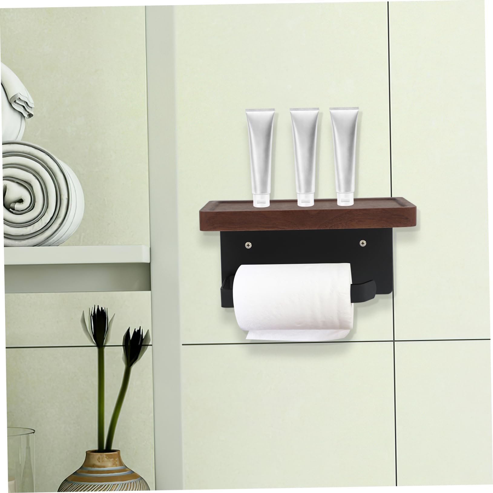Portarrollos Papel Pared con Estante de Madera de Nogal Negro Soporte Práctico para Baño y Cocina Diseño Elegante para Pequeños Objetos