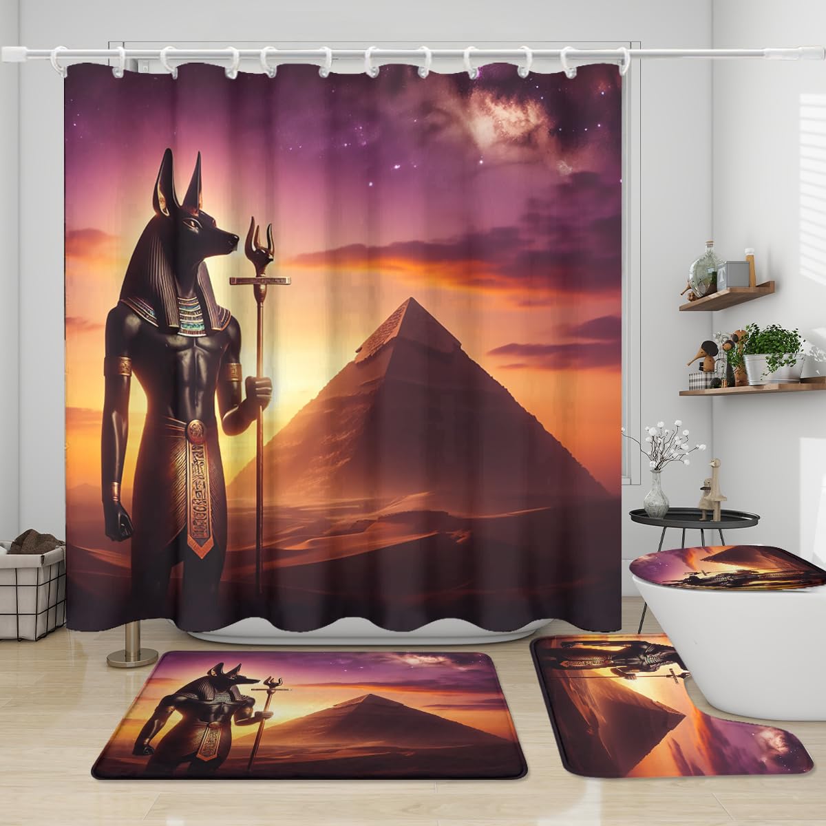 KuracleGH Watercolor Egyptian God Anubis Shower Curtain Sets 4 Pcs,Vintage Ancient Mythical Pyramid Egypt Anubis Bathroom Decor with Rugs Include