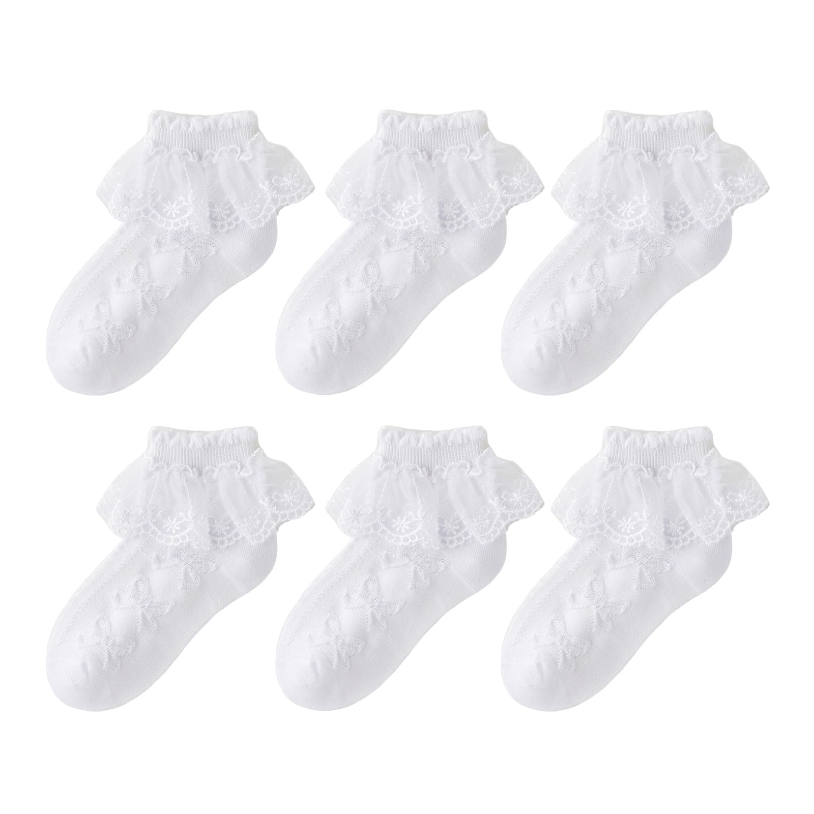 QKURT 6 Pares de Calcetines de encaje con Volantes para Niñas, Calcetines Tobilleros de Entrenamiento de Ballet Escolar, Calcetines de Algodón, Calcetines de Lazo, Calcetines de Princesa para 1-9 Años