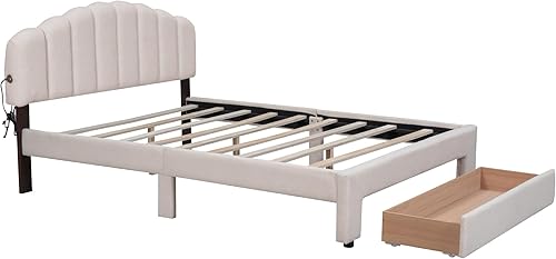 Miniatura 12 de DEINPPA Base de cama tapizada tamaño matrimonial con cabecera ajustable de flores elegantes, cama de plataforma de terciopelo con soporte de Bean