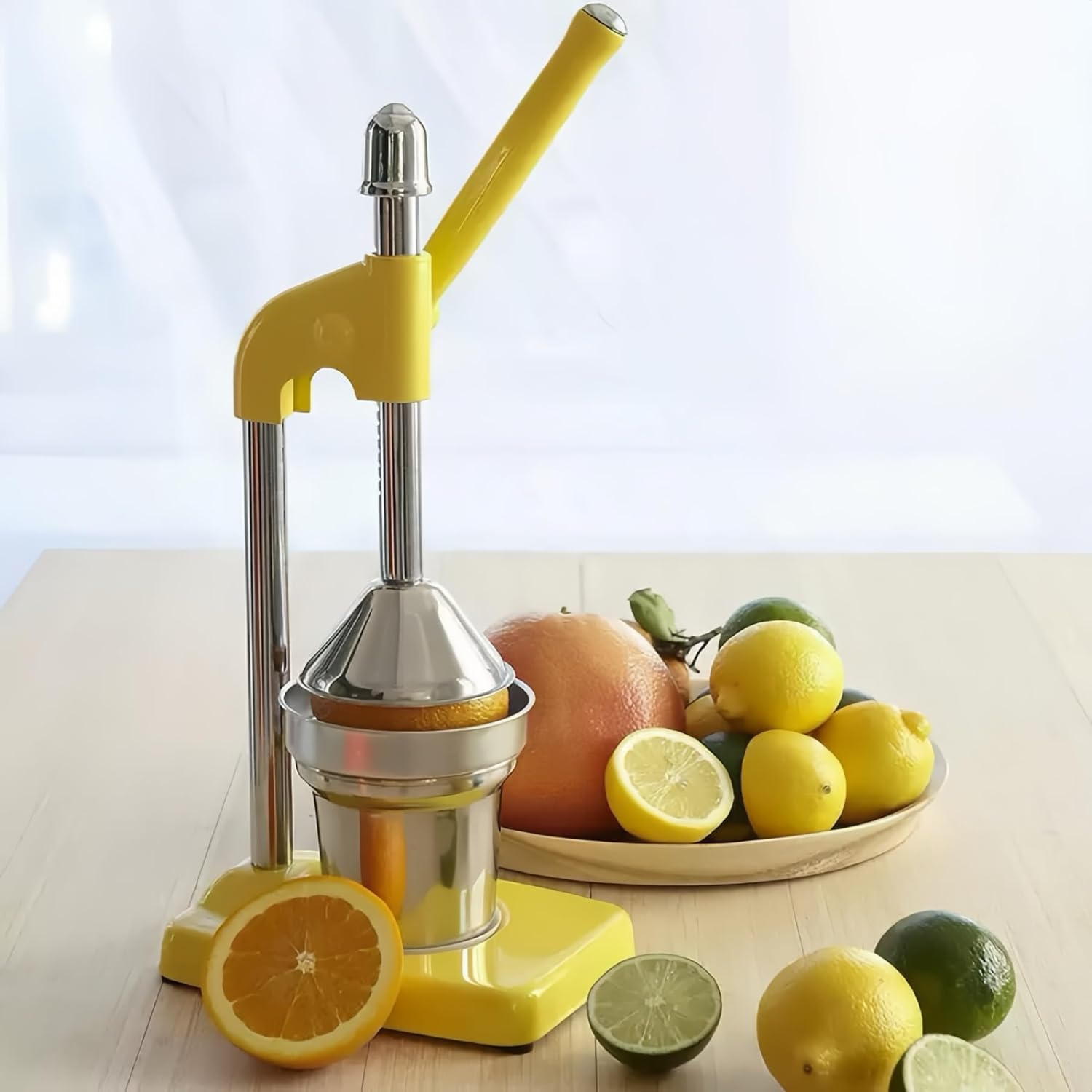Juicer Hand Press, Heavy-Duty Stainless Steel Manual Juicer for Oranges, Lemons and Pomegranates, Easy Hand-Crank Juice Extractor for Home Kitchen (Red)