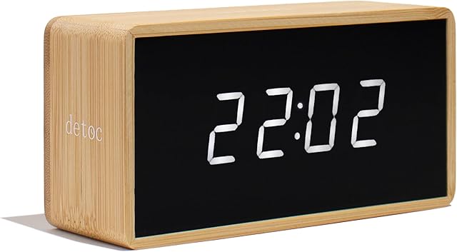 Dig Detox Detoc LED digital clock with temperature Date Time Alarm - Bamboo Wooden Alarm Clock for Bedroom - USB Rechargeable Table Clock for Living Room
