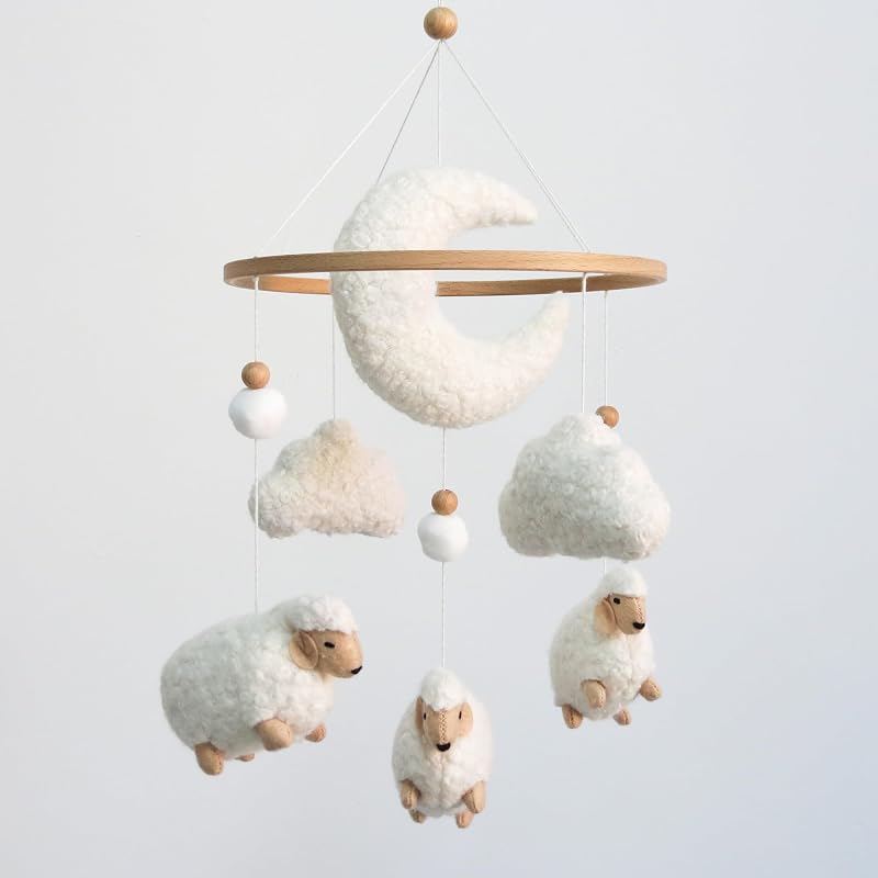 celular de oveja para cuna, celular de cuna de nube para niñas y niños, juguetes de cuna neutros para colgar, celular de cordero para moisés, decoración de guardería, color blanco cremoso