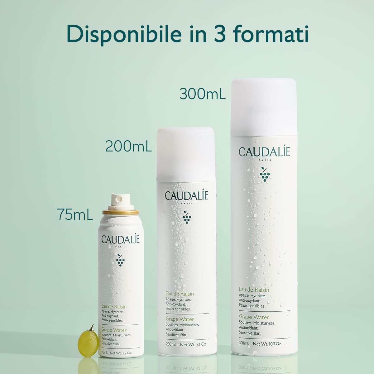 Caudalie Acqua d'Uva – Bruma Lenitiva e Idratante, 100% Uva Bio, Prebiotica e Antiossidante, Pelli Sensibili, Testata Dermatologicamente, Vegano, 300 mL