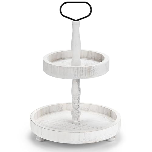 Christmas 2 Tiered Tray Stand Decor, Wooden Farmhouse Tiered Tray for Holiday & New Year Tabletop Display, Kitchen, Coffee Bar, Home Decor