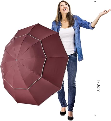 Miniatura 9 de G4Free Paraguas invertido resistente al viento de 62 pulgadas con rayas reflectantes, paraguas grande y compacto de golf para lluvia, 10 varillas,