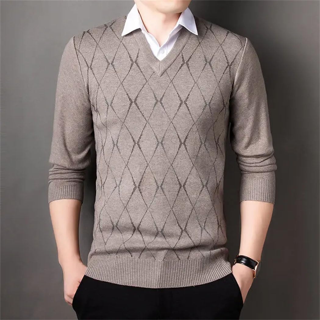 Men's Autumn Winter Thickened Sweater Print Stripes Casual Loose Pullover Long Sleeved V-Neck Knitted Top