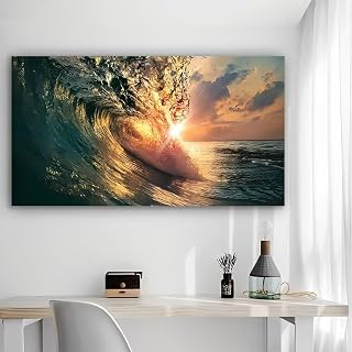 Ocean Wave Sunset Glow Rustic Canvas Wall Art - 12x24in Unframed Poster- Home & Office Decor for Living Room, Bedroom, Kitchen & Cafe