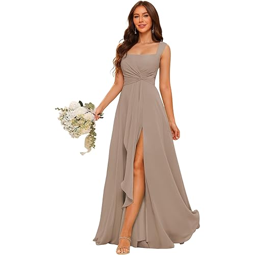 YOFF Square Neck Bridesmaid Dresses with Slit Chiffon Aline Formal Evening Dress with Pocket YO004