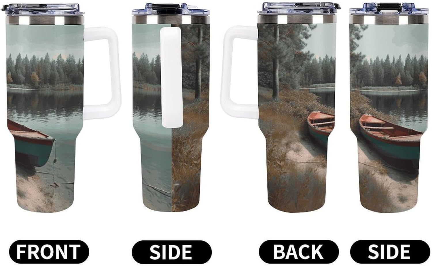 40 Oz Insulated Mug with Handle, Stainless Steel Boat Moored on Shore Printed Travel Mug Portable Leak-proof Large Car Mug for Home, Office Or Car