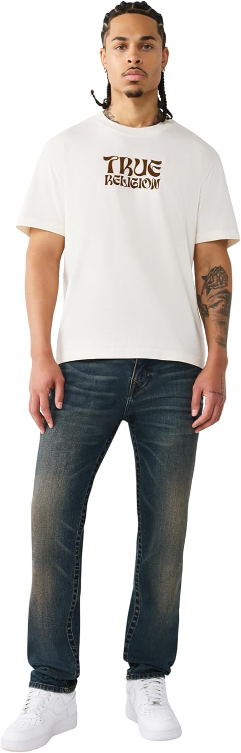 True Religion Men’s Rocco Flap Single Needle Skinny Jean 32” – Blue Stitching, Flap Pockets, Modern Skinny Fit