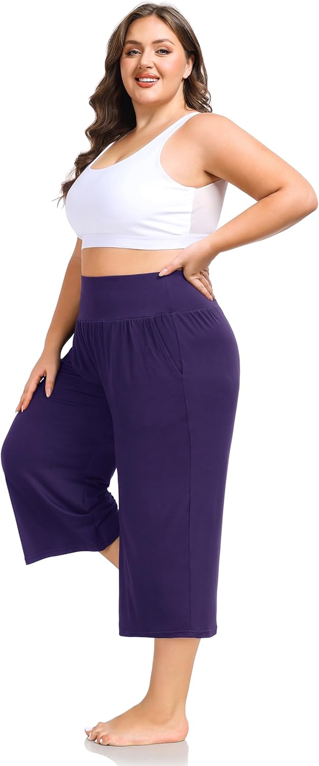 ZERDOCEAN Women's Plus Size Wide Leg Capris High Waist Yoga Pants Casual Loose Lounge Pants with Pockets - Image 5