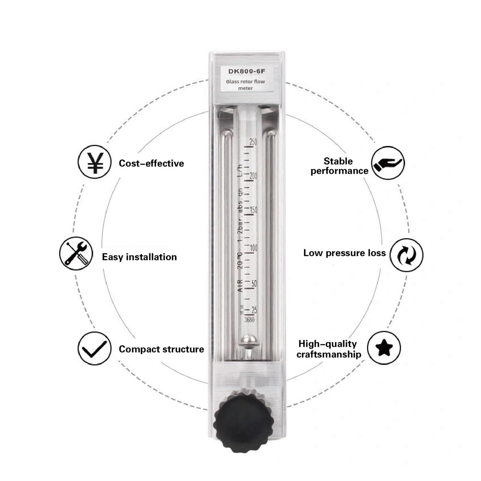 Rotámetro de vidrio DK800-4, caudalímetro de área variable, caudalímetro de aire, oxígeno, nitrógeno y gas, caudalímetro de precisión industrial for laboratorio.(4-40L-H)