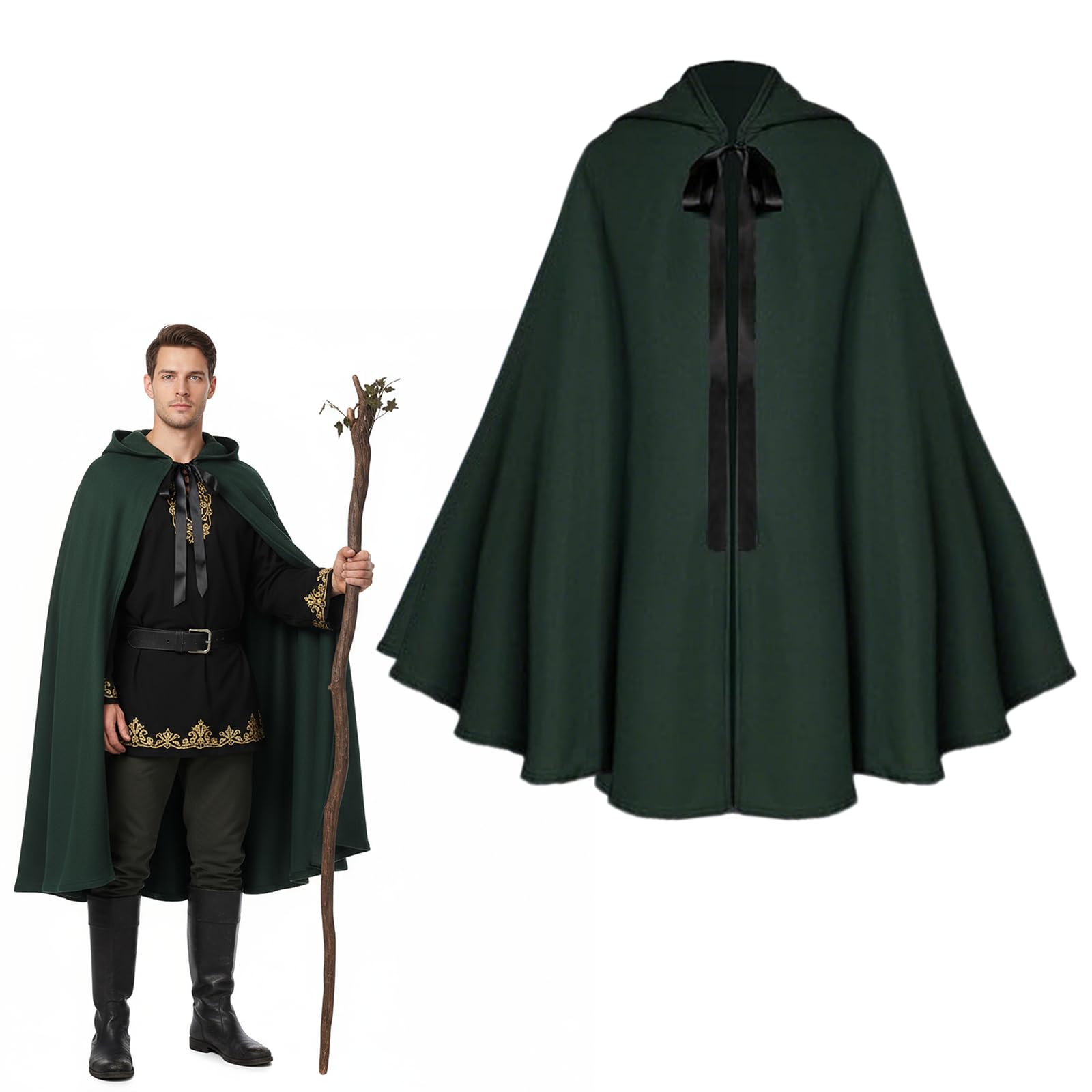 Fgdui 1PCS Green Cloak Hobbit Costume Medieval Cloak Renaissance Hooded Coat Medieval Cape Men's Hooded Coat for Halloween Costume