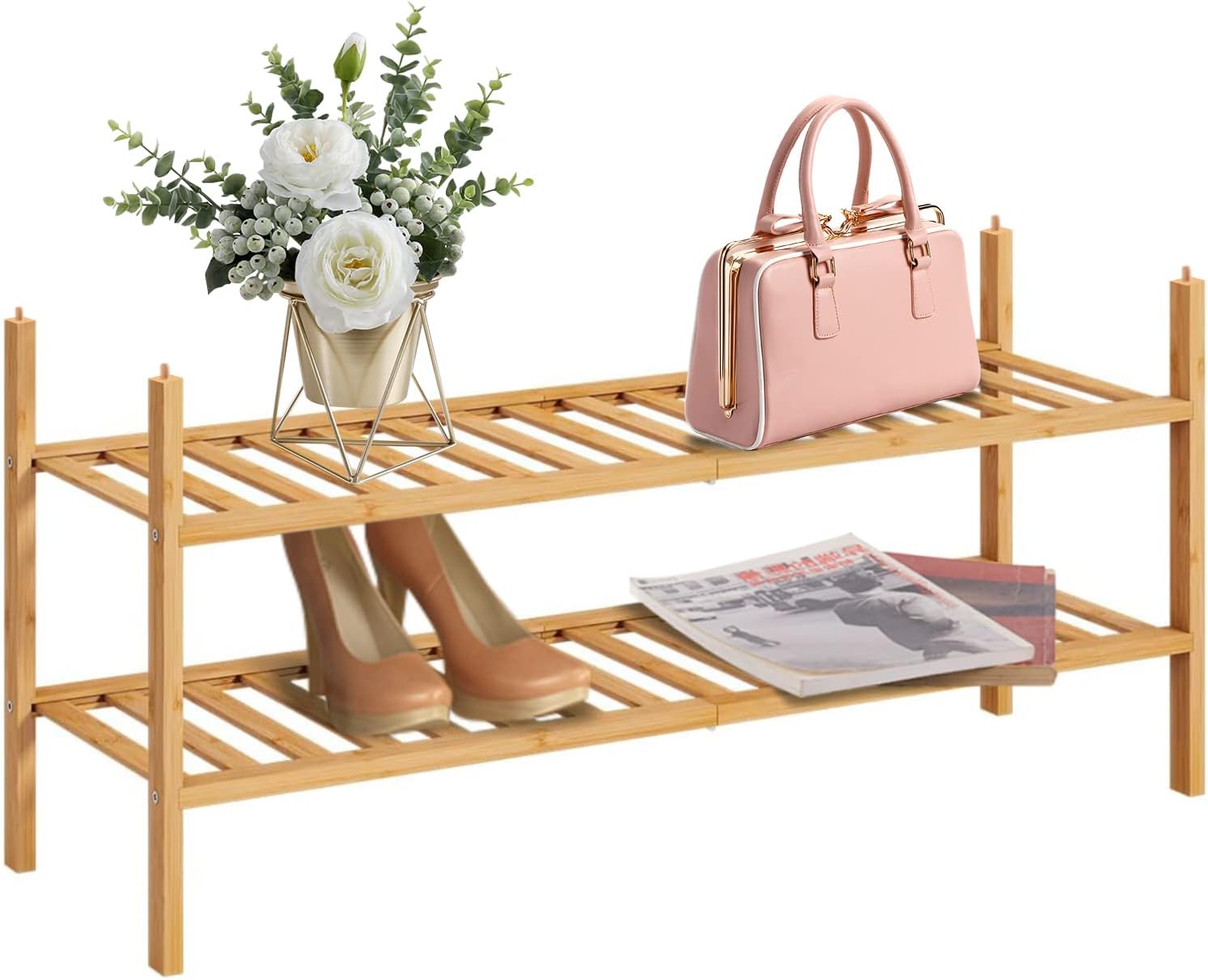 Shoe Rack Stackable Shoe Shelf Storage Organizer Bamboo Shoe Rack for Entryway, Duty Multi-Function, Free Standing Shoe Racks for Bedroom Hallway Closet (2-Tier)