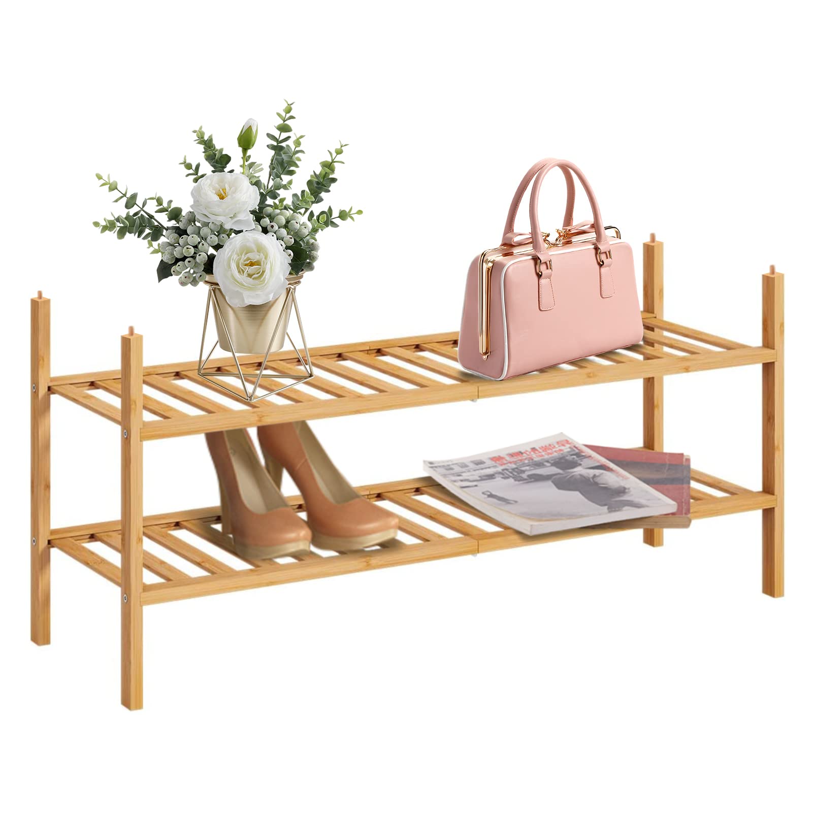 Shoe Rack Stackable Shoe Shelf Storage Organizer Bamboo Shoe Rack for Entryway, Duty Multi-Function, Free Standing Shoe Racks for Bedroom Hallway Closet (2-Tier)