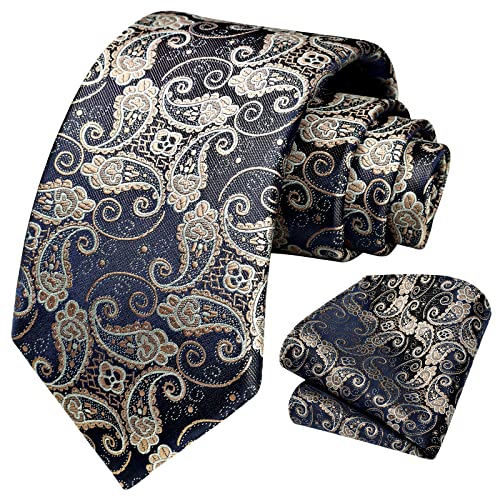 Image of HISDERN Ties for Men Paisley Tie and Pocket Square Woven Classic Floral Mens Ties Handkerchief Set Wedding Party Necktie