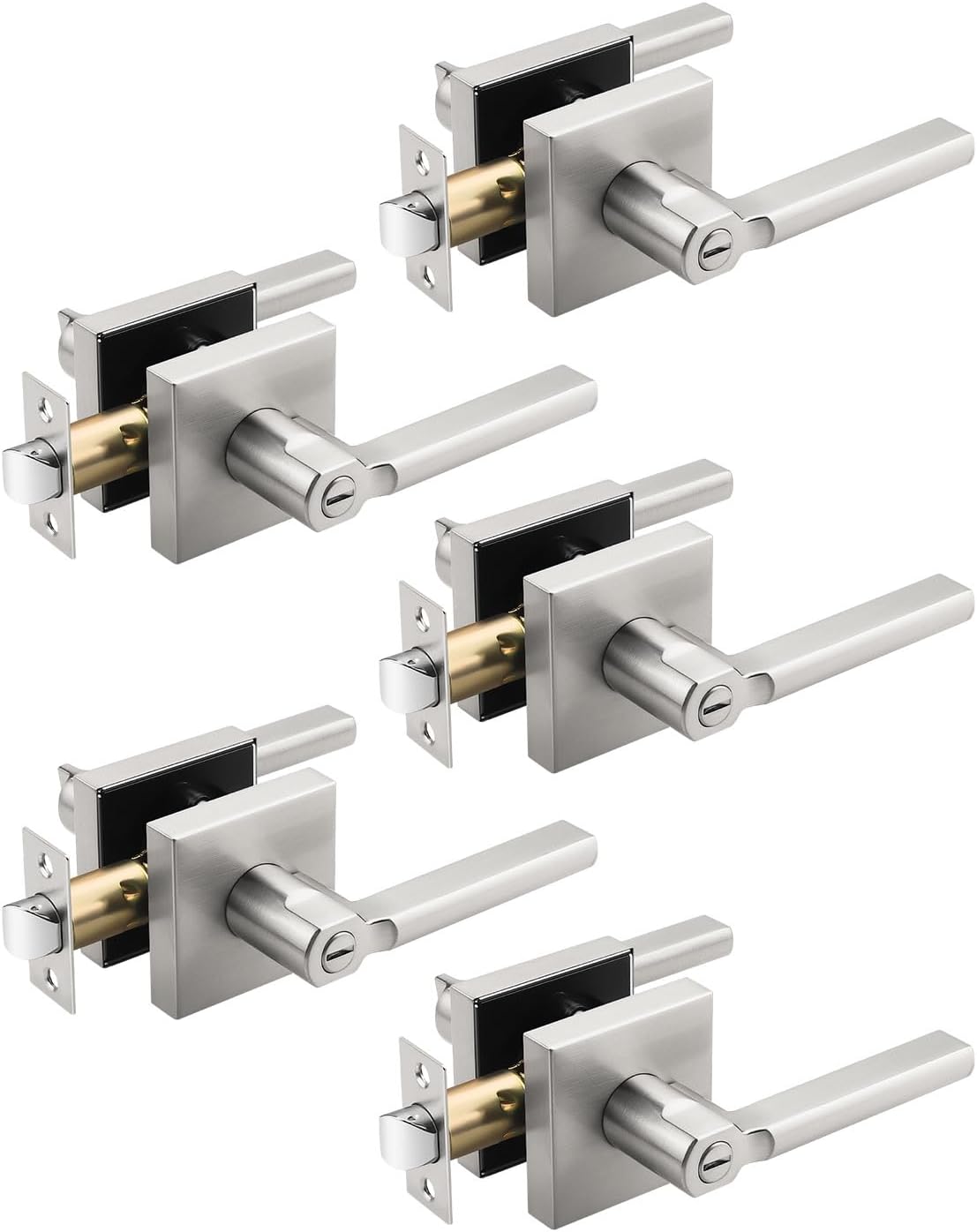 5 Pack Square Satin Nickel Privacy Door Levers Locksets, Brushed Nickel Finish, Bed/Bath Door Levers Keyless Interior Handles, Reversible for Left Right Handed Doors