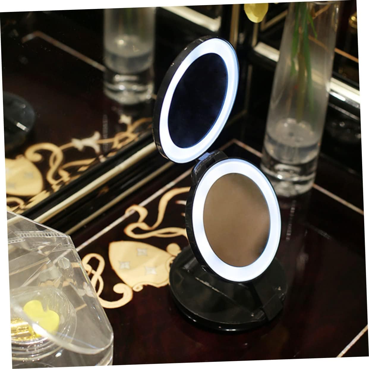 1Pc Folding Makeup Mirror Portable Double Sided Travel Compact Mirror Black with LED Light for Easy Makeup Application Any Lighting Condition