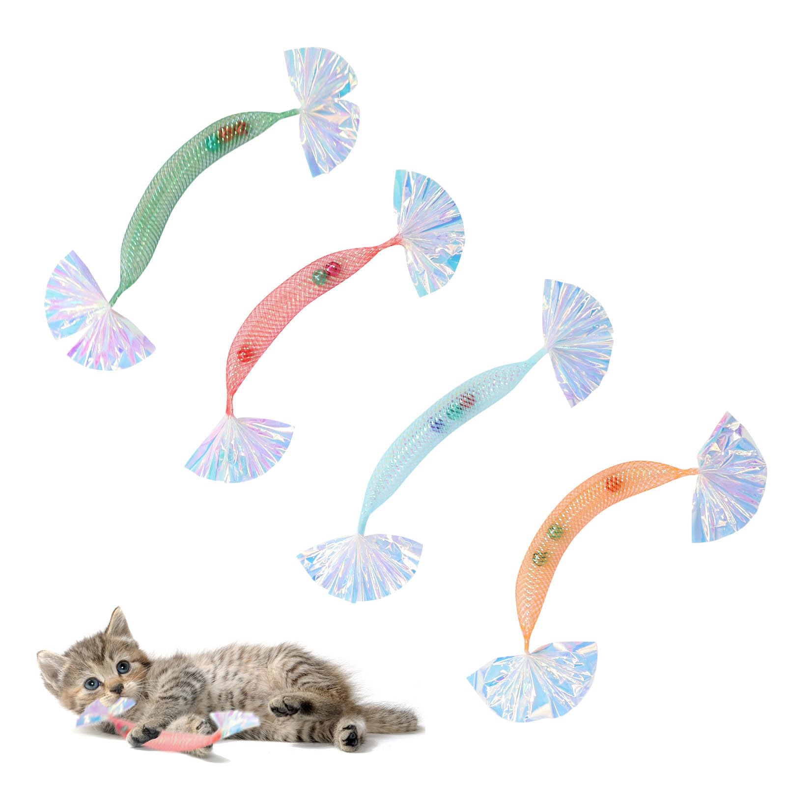 Andiker 4 Pcs Cat Interactive Toys, Elastic Cat Tubes with Crinkle Paper Colorful Bells, Small Cat Toys for Indoor Cats Kittens to Relieve Separation Anxiety