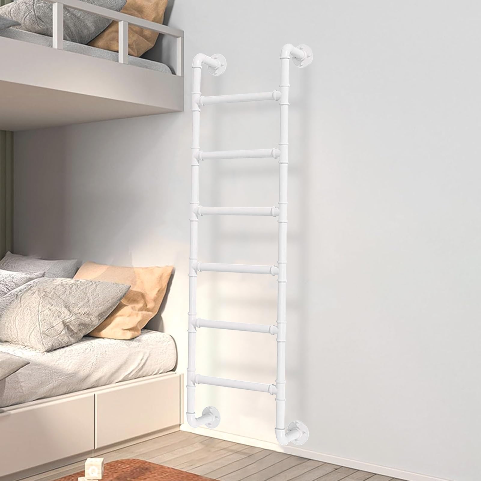 MSHGSKU Industrial Iron Pipe Wall Mounted White Bunk Bed Ladder Basement Egress Window Fire Escape Safety Climbing Ladder with Fittings (143cm/56in)
