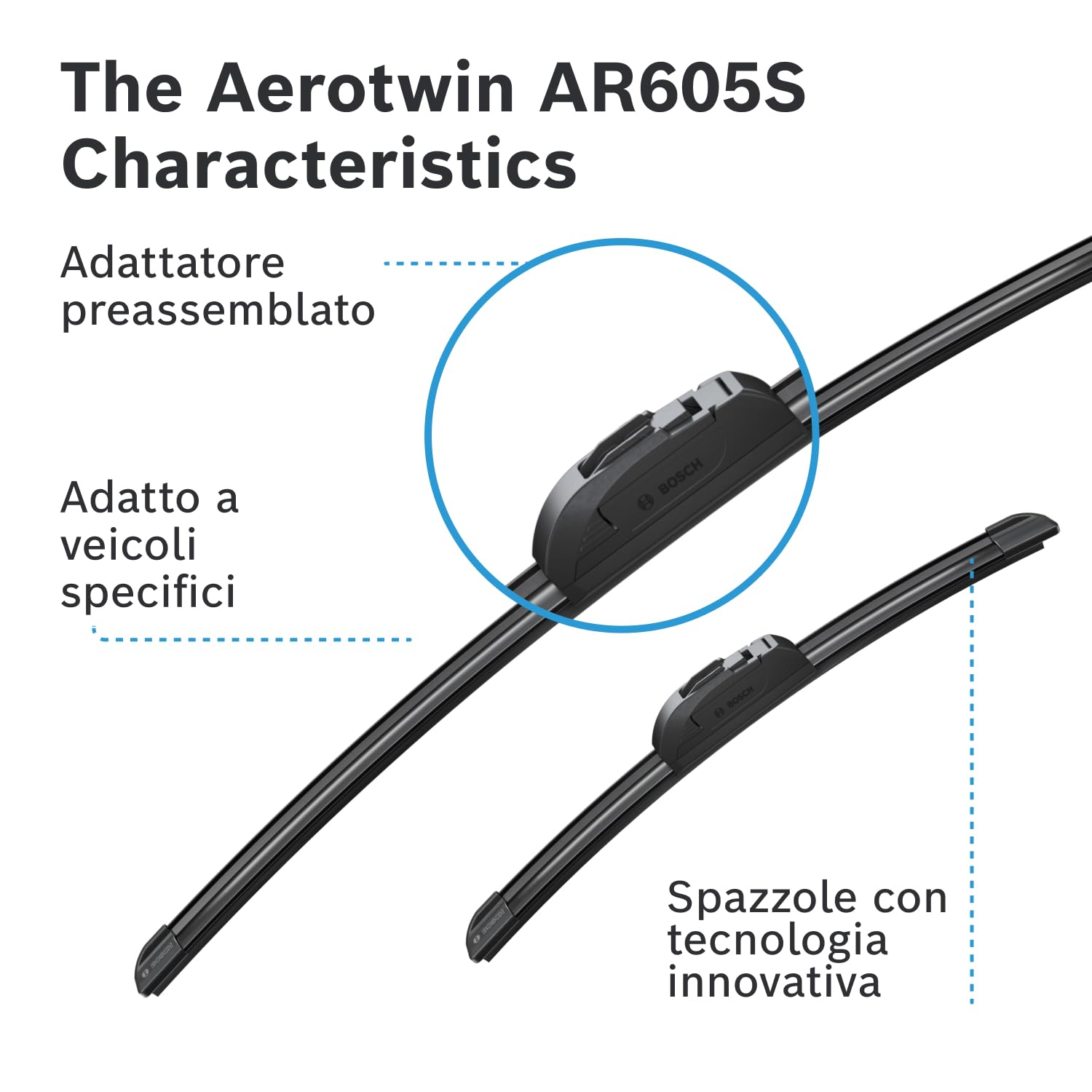 Tergicristalli Bosch Aerotwin AR605S, Lunghezza 600mm/340mm, 1 set per parabrezza anteriore