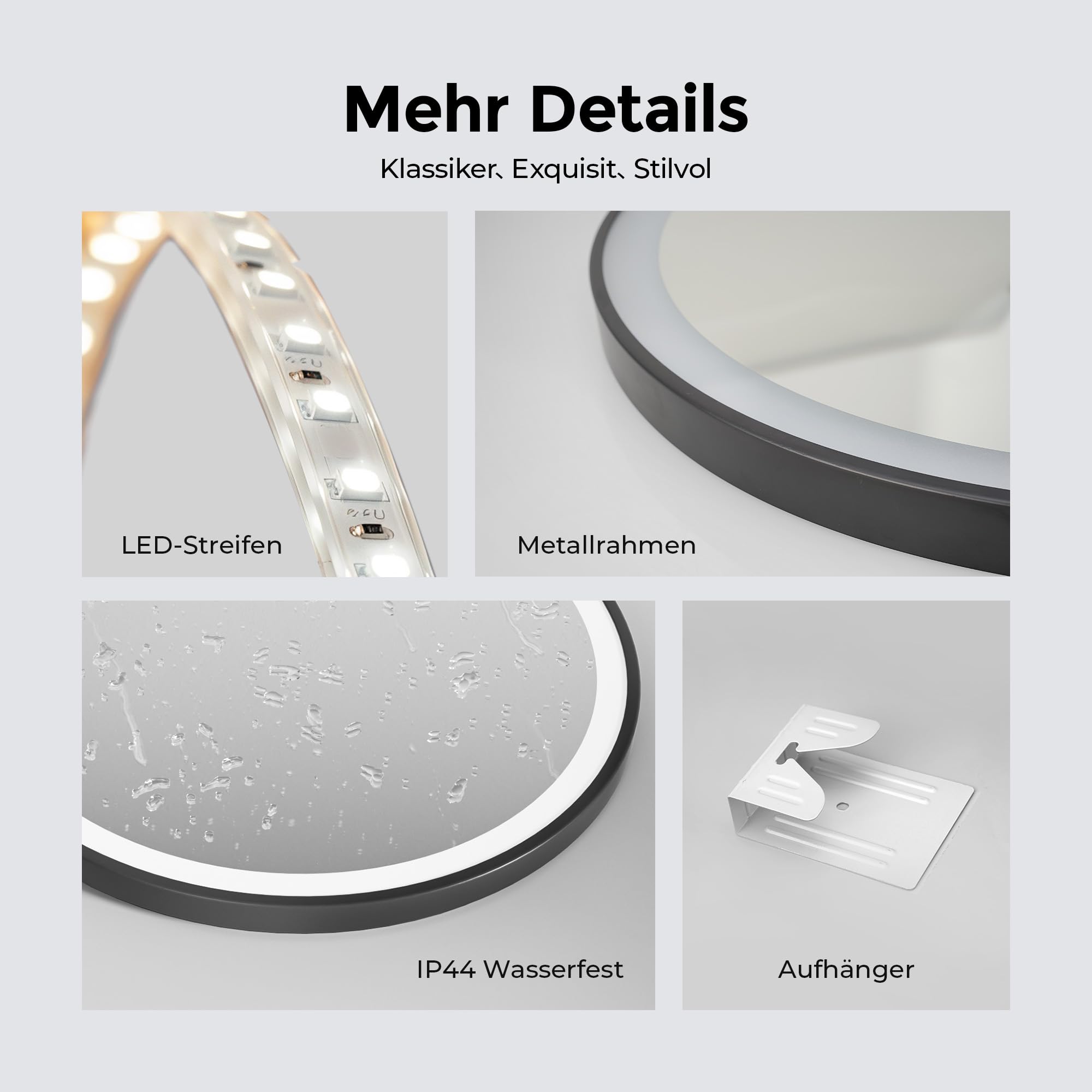 Heilmetz LED Badspiegel Ø 50 cm, 3 Lichtfarben dimmbar, Touch, Schwarz