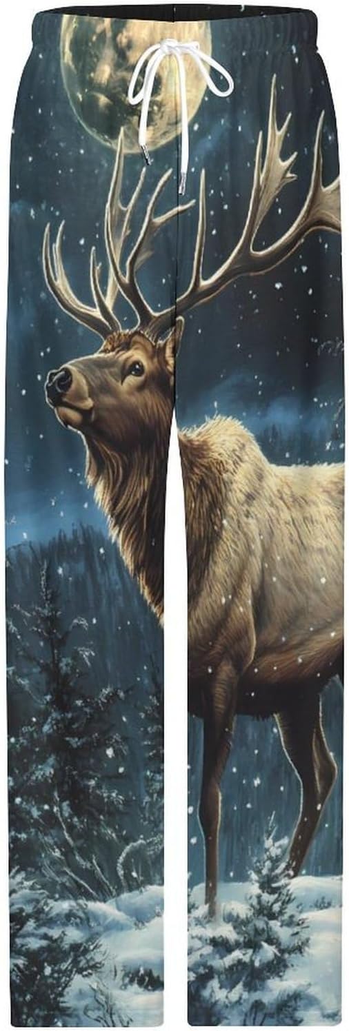 Deer in Winter Moon Women's Pajama Pants Soft Lounge Bottoms with Pockets Comfy Wide Leg Sleep Pant