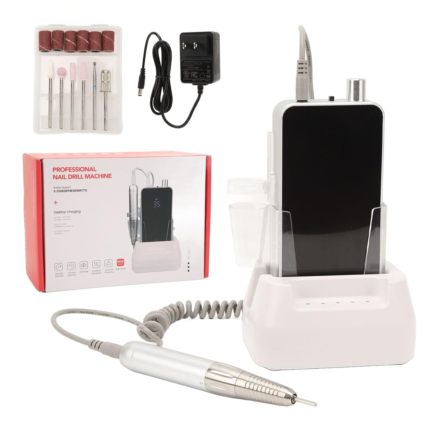 Nail File Electric Nail Drill Machine, Rechargeable Manicure File 0 To 35000rpm Nail Drill with Large Screen Display Electric Rechargeable Nail Drill Manicure Pedicure Black