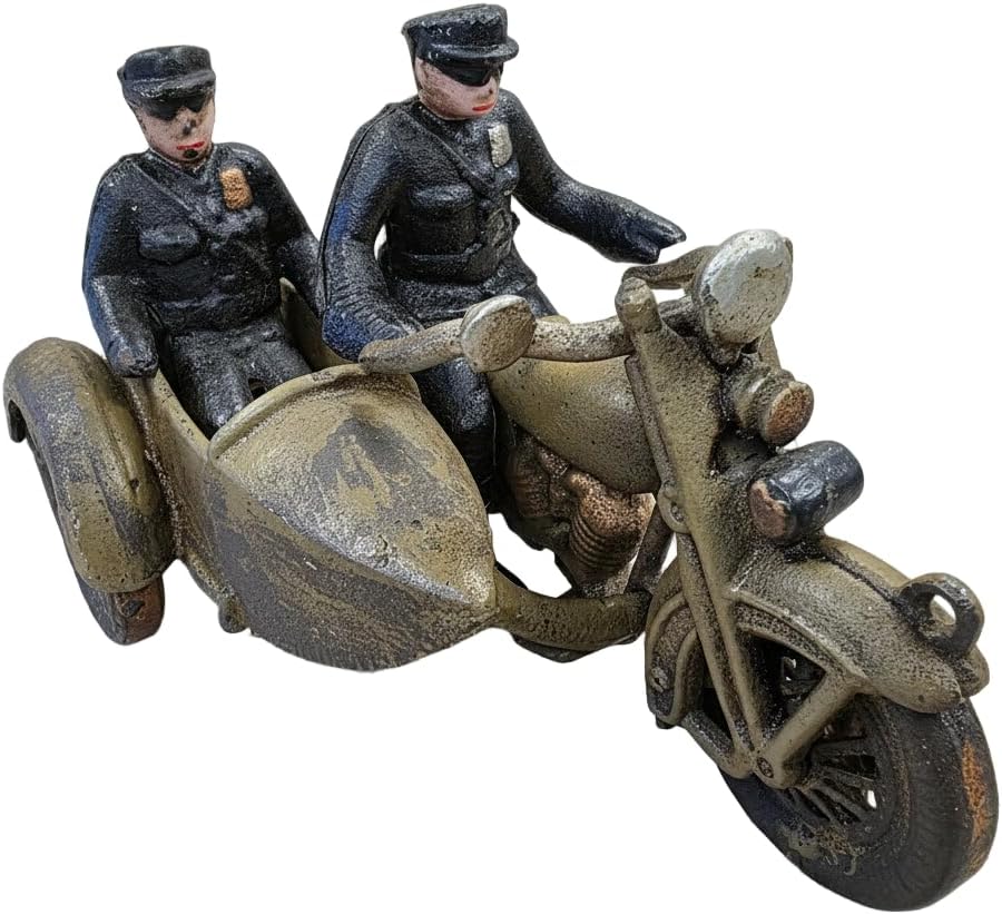 Police Motorcycle Side Car Cast Iron with Movable Wheels & Painted Antique Finish (8" x 5")