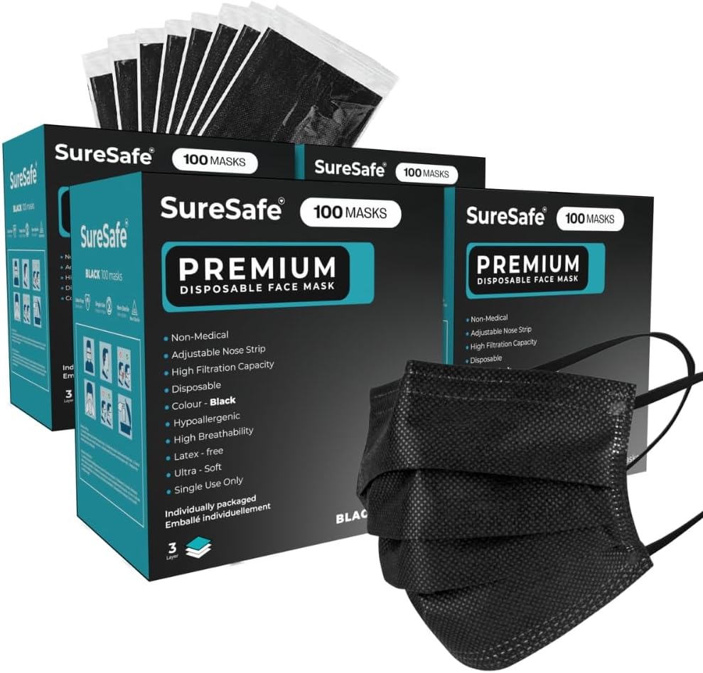 100/200/400/2000 Premium Disposable Face Masks - 3-Ply Breathable Masks, Face Mask Individually Wrapped, Black