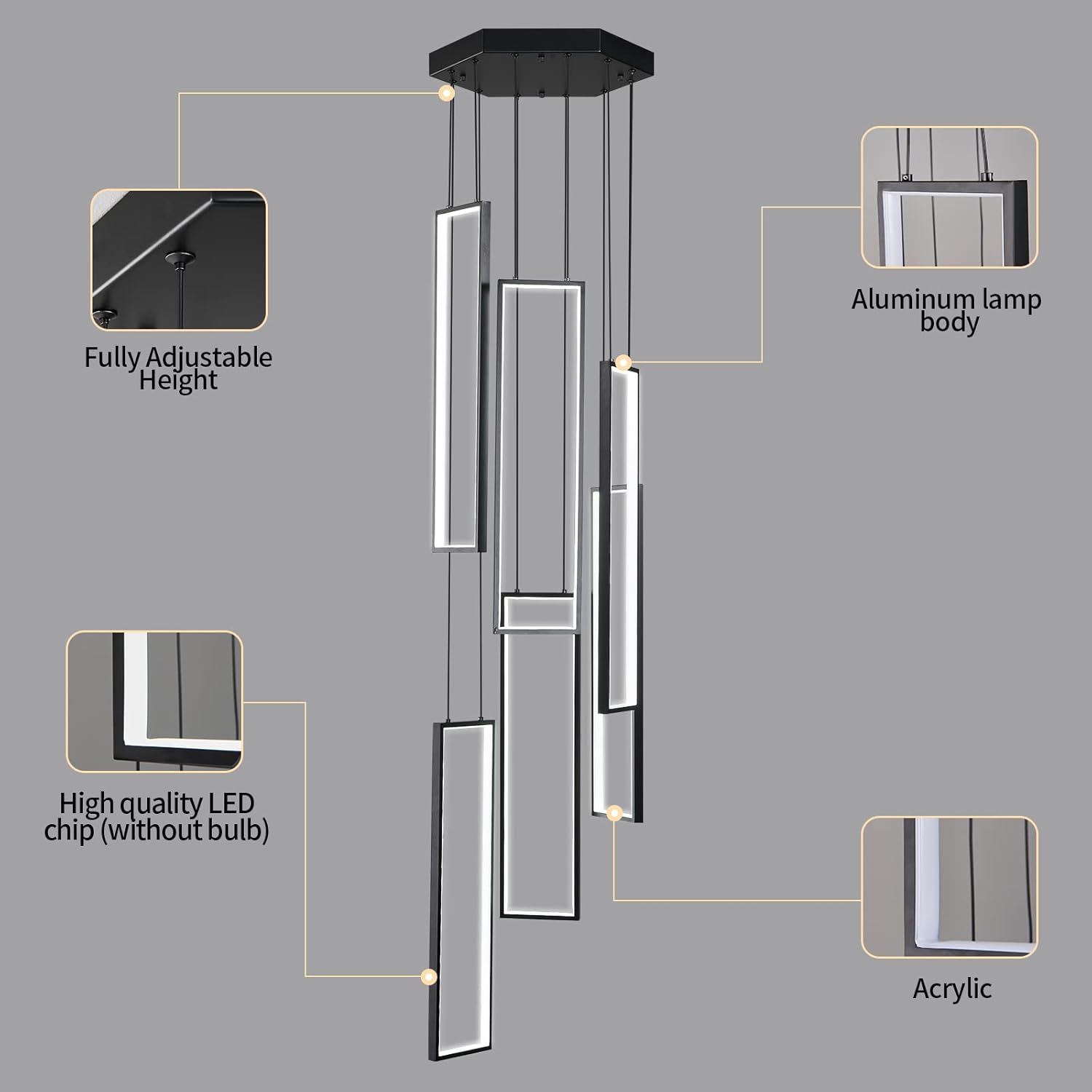 Modern Kitchen Island Dimmable Pendant Light Fixture - Black 108W LED Pendant Lights 6 Rings Rectangular Chandelier for Staircase, Large Ceiling, Lobby, Living Room, Foyer