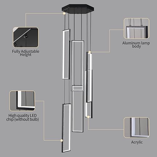 Miniatura 6 de FDPBY Lámpara colgante regulable moderna de isla de cocina, color negro, 114 W, 6 anillos, rectangular, para escalera, gran vestíbulo, sala de
