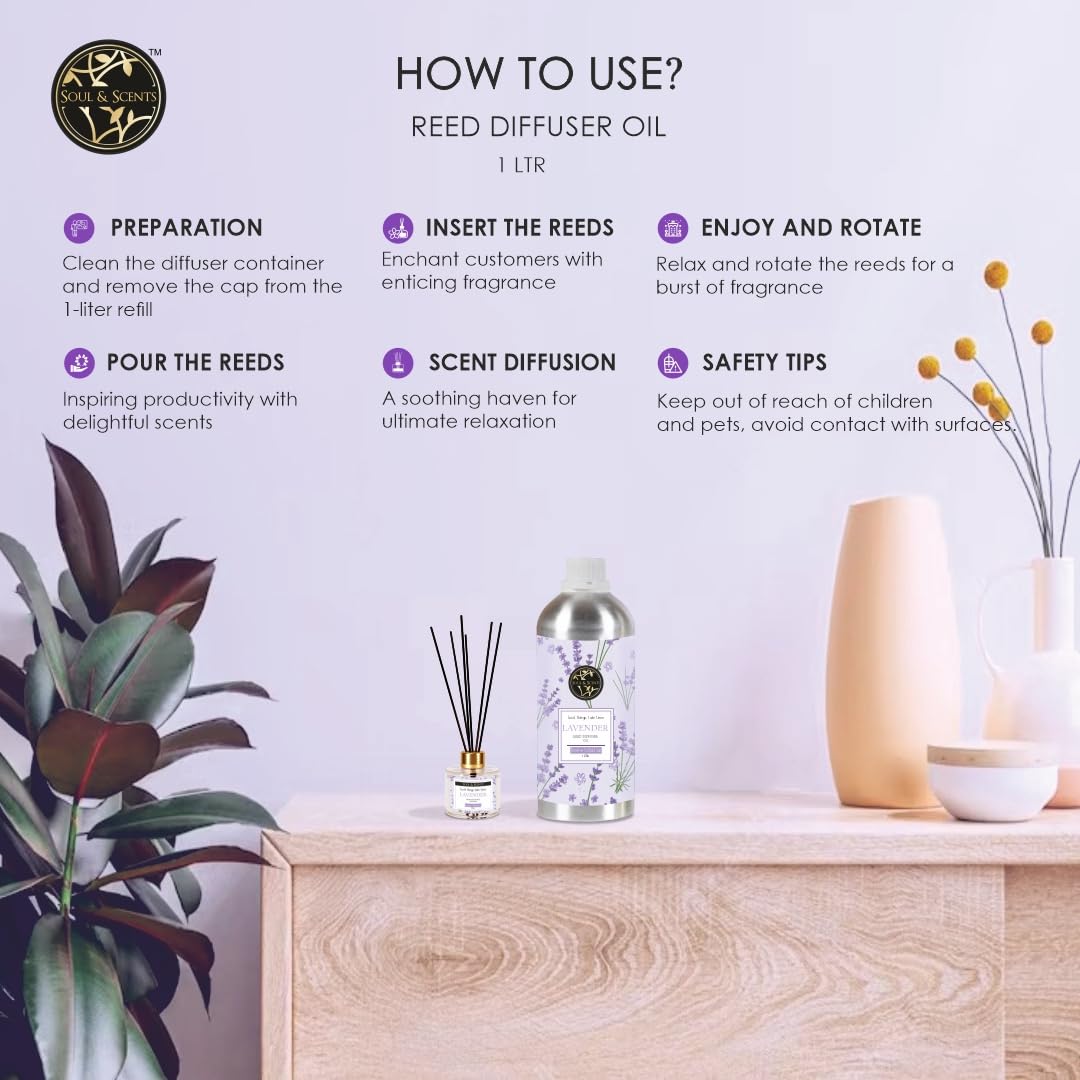 Soul & Scents Lavender Reed Diffuser Refill for Fragrance | Free 18 Fiber Reed Sticks | Long Lasting | Smoke Less Room Freshener for Home, Bedroom, Living Room & Office | 1Ltr 3