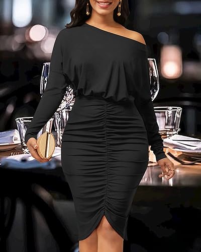 Vista 5 de LalaLin Vestido sexy de manga larga para mujer, con hombros descubiertos, fruncido, color sólido, casual, formal, vestido midi
