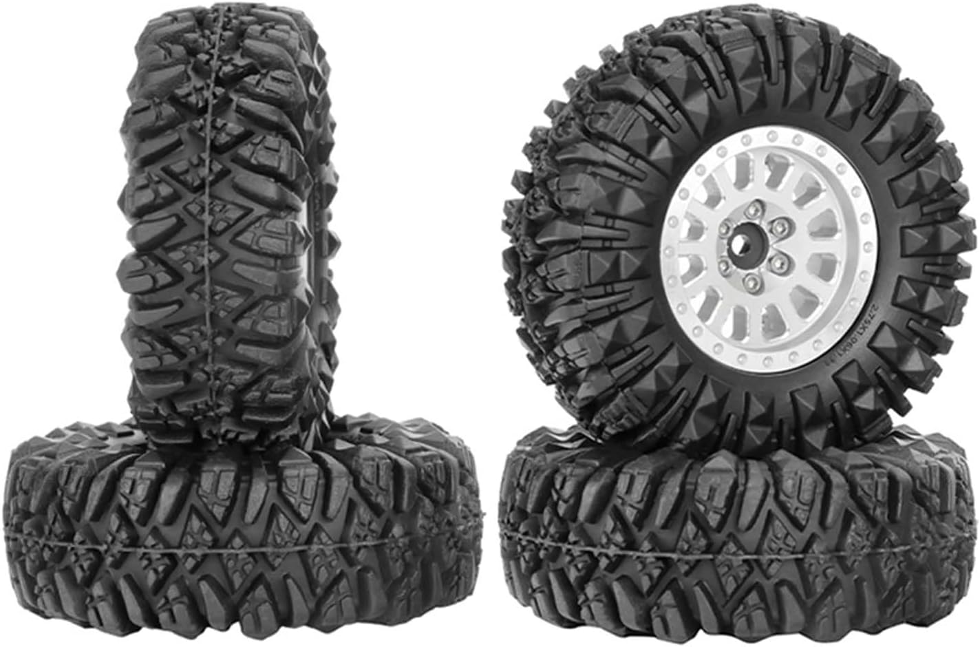 1.3” All-Terrain Tire and Wheel Set, Metal Beadlock 5mm & 7mm Hex Wheels for SCX24 TRX4M 1/12 1/14 1/18 1/24 RC Crawler Car (D, Silver)
