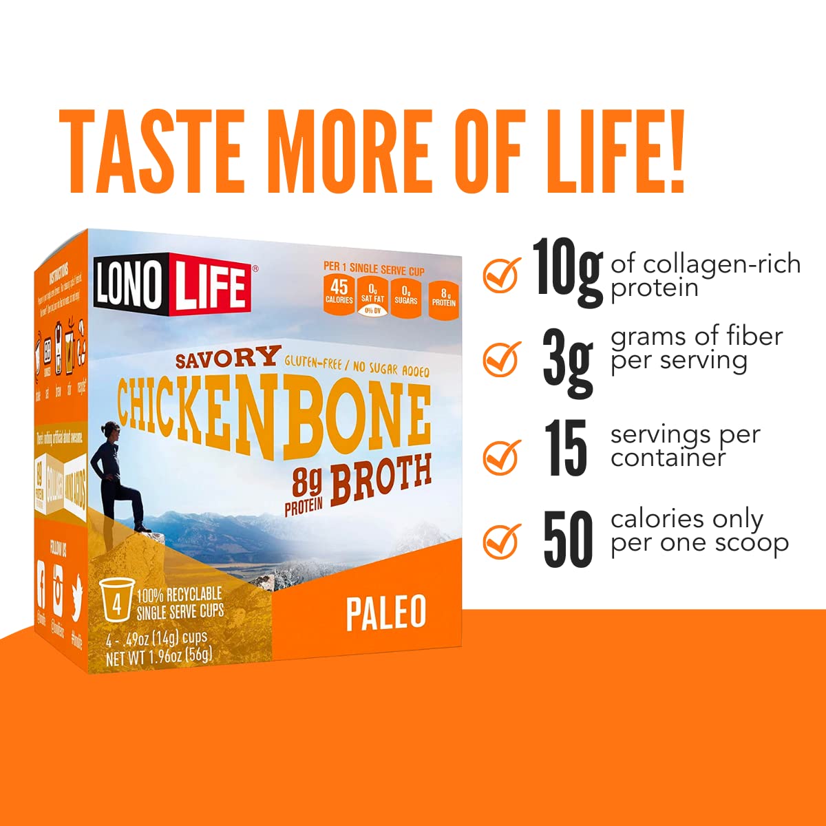 LonoLife - Chicken Bone Broth Single Serve Cups - 8g Collagen Protein - Grass-Fed, Gluten-Free - Keto & Paleo Friendly - 10 count