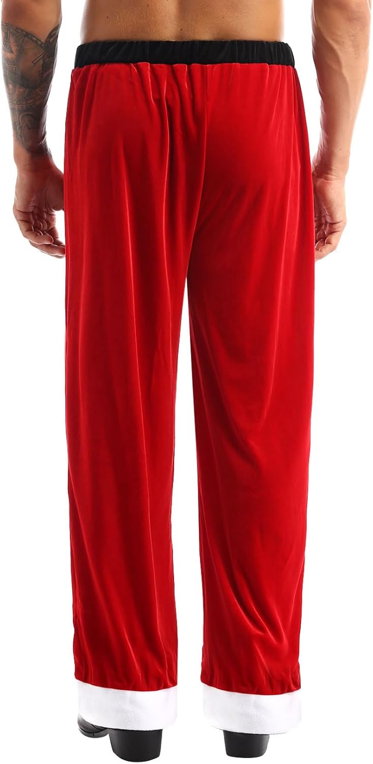 Men's Soft Velvet Santa Claus Long Pants Christmas Cosplay Costume Loose Trousers