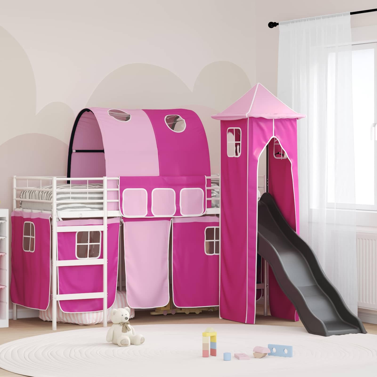 Homgoday Hochbett mit Rutsche und Turm für Kinderzimmer - Stabiler Metallrahmen in Blau & Schwarz - Spiel- und Schlafbereich Model42020910