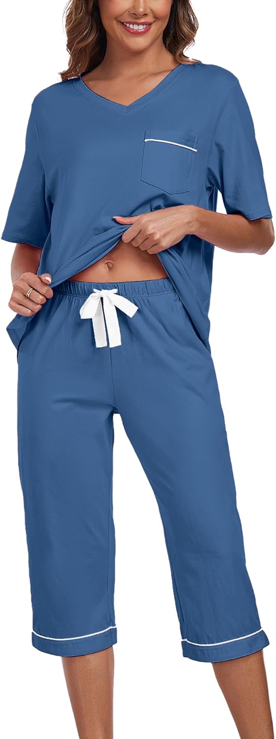 Women's Pajama Sets 100% Cotton Short Sleeve Pullover Top & Capri Pants Soft Summer Sleepwear Lounge Set