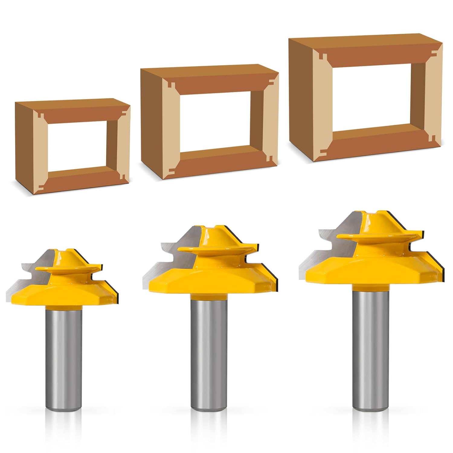 Lock Miter Router Bit,45 Degree Lock Miter Router bit 1/2 Shank,Box Joint Router Bit,3PCS, 31/64”,37/64”,3/4”, Cutting Height Joint Router Bits,Creating Lock Miter Joint,DoorWindow and Cabinet Making