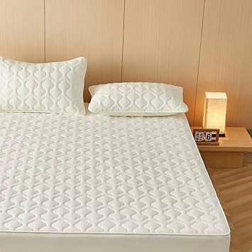 Beydodo Fitted Sheet 62 x 78 inch, Bed Fitted Sheet with Standard Pocket Solid Cream Grid Quilted, Cotton Bed Covers and Pillowcase Set, 160x200cm