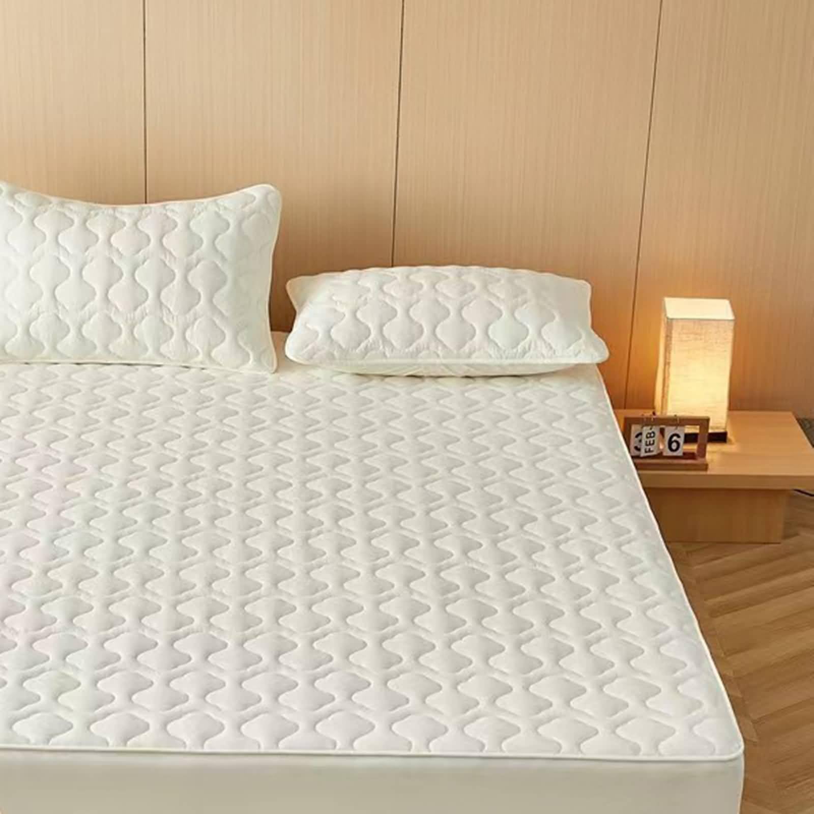 Daesar Juego de Bajera Elastica y 2 Fundas de Almohada,Color Sólido con Patrón Geométrico Algodón Sábana Bajera y Protector Beige Blanco,135 x 200 CM