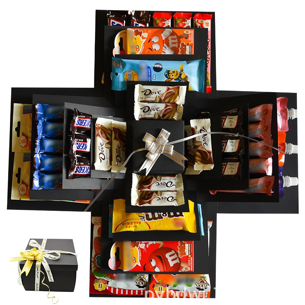 XEERUN DIY Explosion Gift Box,5 Layer Snack Explosion Box, Creative Explosion Box with tape and ribbon, Handmade Surprise Boxes for Birthdays, Christmas, Valentine's Day, Anniversaries (Black)