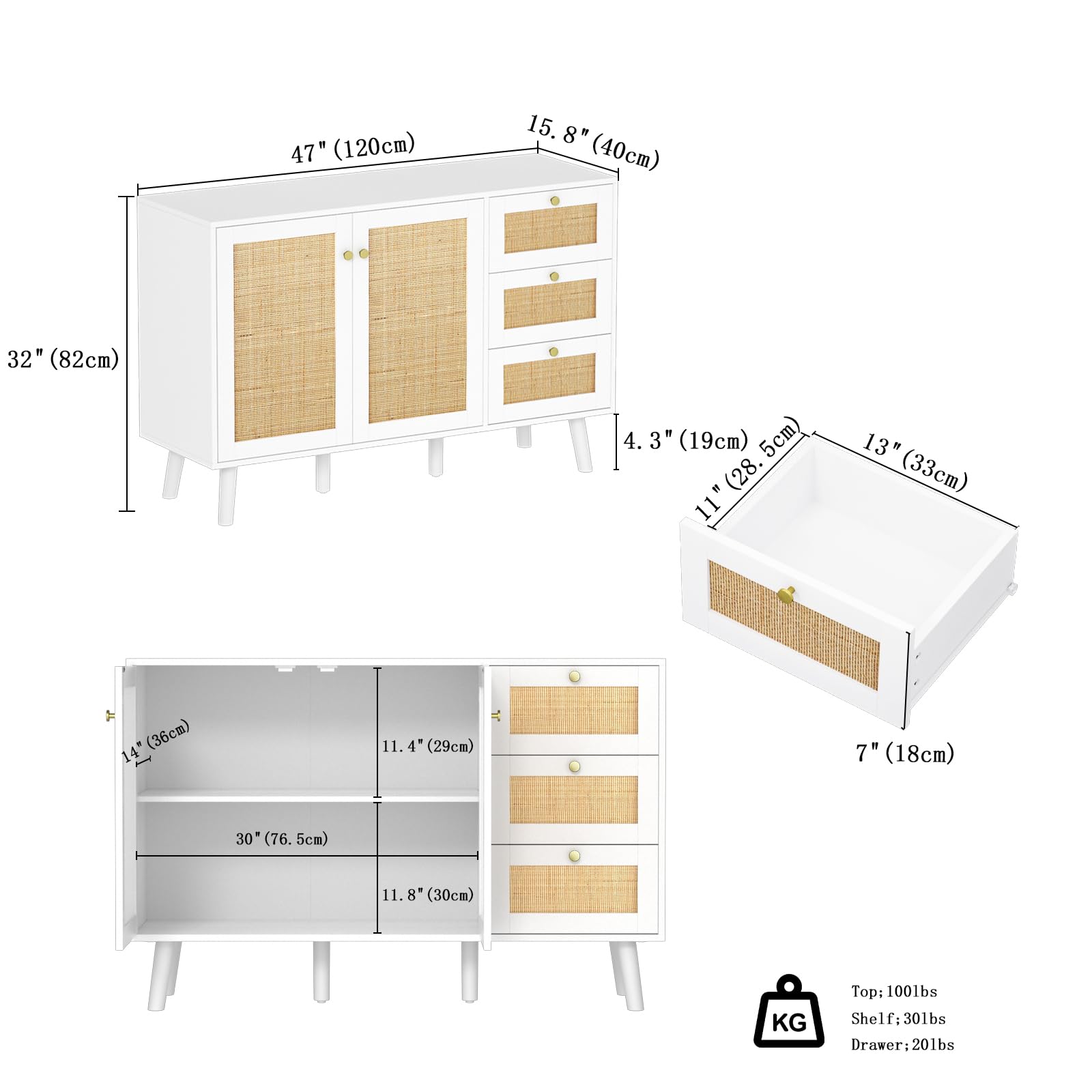 Rattan Sideboard Kommode, Weiß Aufbewahrungsschrank mit 2 Rattan Türen und 3 Schubladen für Esszimmer, Küche und Wohnzimmer, Küchenbuffet mit Verstellbares Regal Sideboard，120x40x82cm