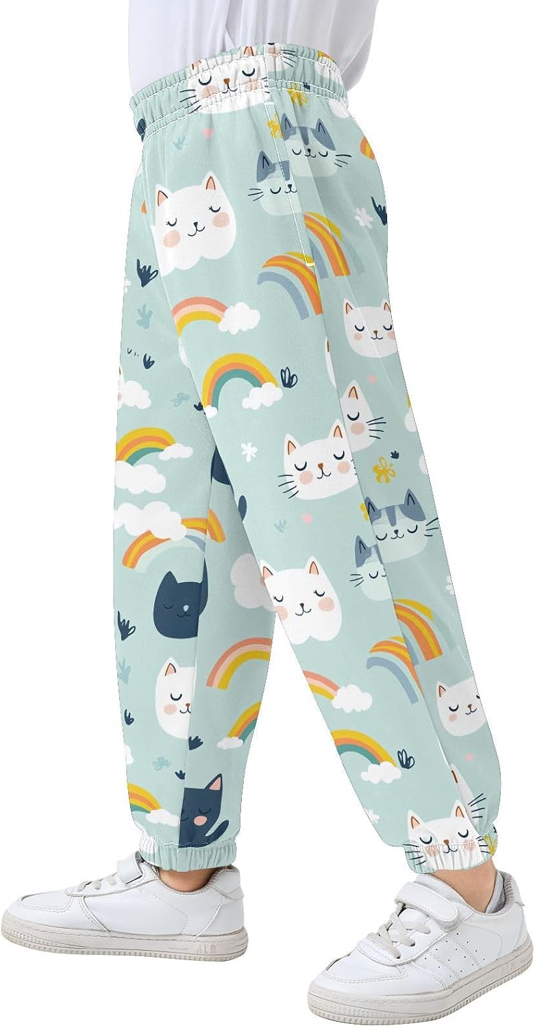 Boy Sweatpants Cartoon Cat Animal Rainbow Joggers Casual Athletic Pants Kids Elastic Waist Cuffed with Pockets