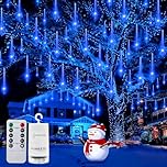 CCILAND Meteor Shower Lights with Remote, 144 LED Christmas Icicle String Lights Battery Powered Falling Rain Lights Outdoor Waterproof for Tree Patio Party Wedding Xmas Decor - Blue