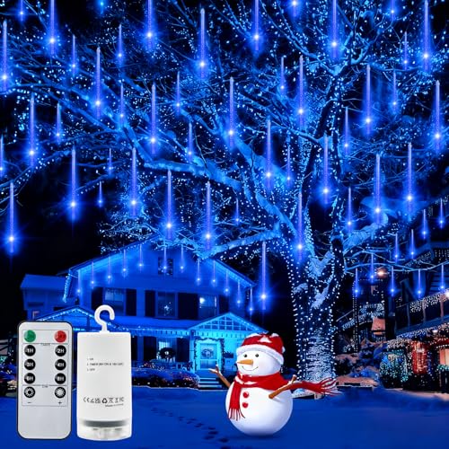 CCILAND Meteor Shower Lights with Remote, 144 LED Christmas Icicle String Lights Battery Powered Falling Rain Lights Outdoor Waterproof for Tree Patio Party Wedding Xmas Decor - Blue